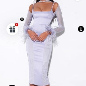 Miss circle Oaklie Silver Satin Mesh Sleeve Dress with Feather